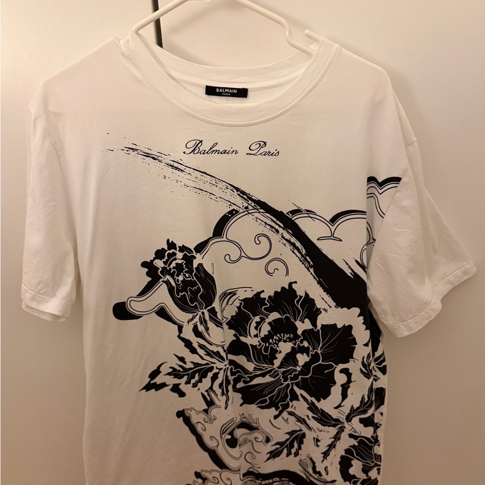 Balmain White Tee with Black Floral Design